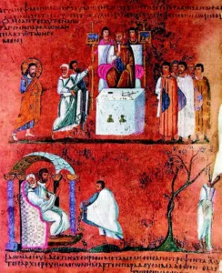 1. «Η μετάνοια του Ιούδα», Τετραευαγγέλιο του Rossano, 6ος αιώνας, τέμπερα σε πορφυρή περγαμηνή, Rossano, Museo Diocesano d’ Arte Sacra.