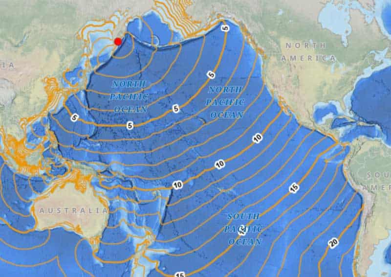 Χρόνος ταξιδιού (σε ώρες), κατά προσέγγιση, ενός τσουνάμι