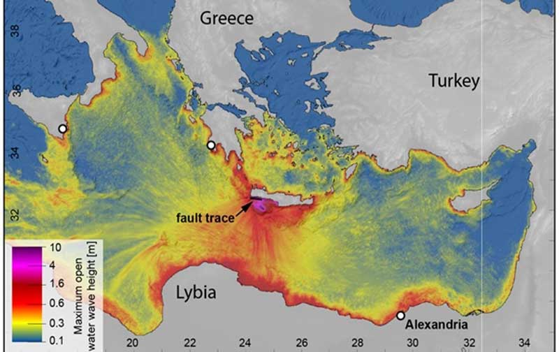 μοντελοποιημένα ύψη κύματος των τσουνάμι στις ακτές της ανατολικής Μεσογείου